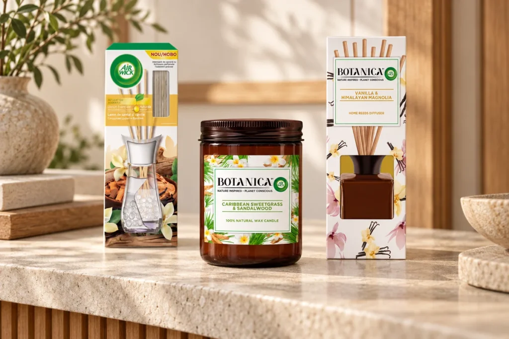 Difuzoare cu bețișoare Air Wick și Botanica și lumânare Botanica