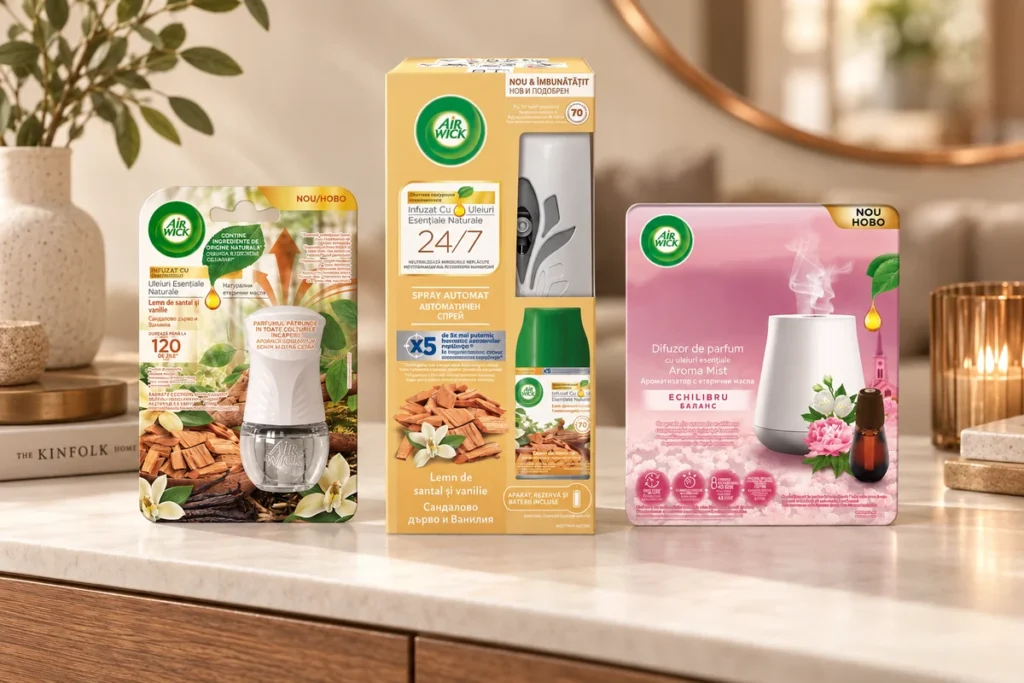 Aparate Air Wick electric, Freshmatic și Aroma Mist în ambalajele lor