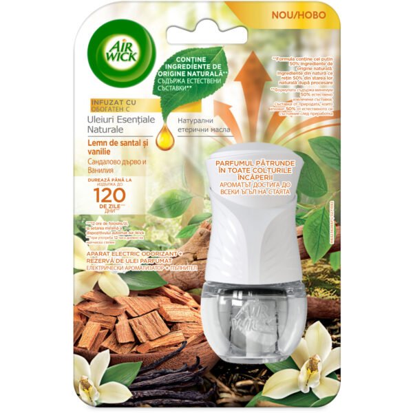 Odorizant electric de cameră Air Wick, Lemn de Santal & Vanilie, 19 ml
