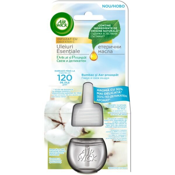 Rezervă odorizant electric de cameră Air Wick Light & Fresh, Bumbac și Aer Proaspăt, 19 ml